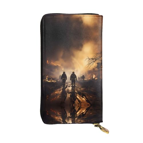 Cartera larga de cuero para bomberos que luchan contra incendios, tarjetero portátil, monedero con cremallera y compartimento para identificación