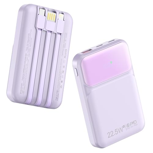 WIXLI 10000mAh Portable Charger with Built-in Cable, PD 22.5W Fast Charging USB C Battery Pack, Cell Phone Power Bank LCD Display for iPhone 16/16 Pro/16 Plus/15/14/13/12/11/X, Samsung, etc