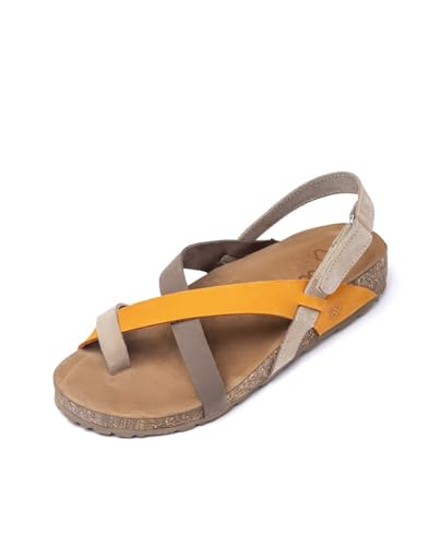 Yokono Sandalias Planas de Mujer de Piel JERBA-718 Naranja | Zapatos Mujer Primavera-Verano | Piel Vacuna Nobuck | 3 CM