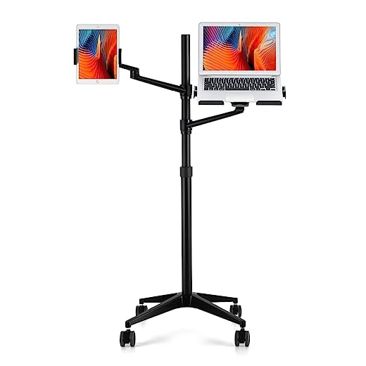 Viozon Tablet and Laptop Floor Stand, 2-in-1 Rolling Adjustable Dual arm, Applicable to3.5~6inch Phone and 7~13'' Tablet Compatible with iPad Pro, iPad, Extra Tray Fits 12 to 17'' Laptop/Notebook(B)