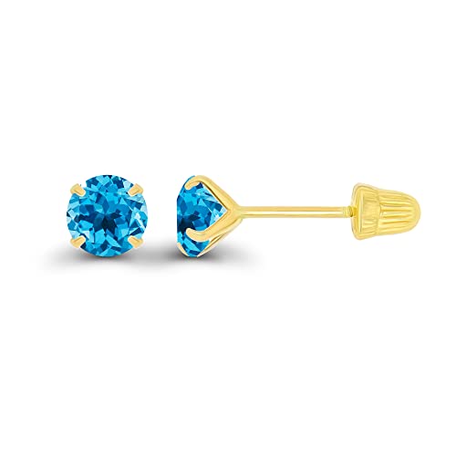 Solid 14K Yellow Gold 4mm Round Natural Swiss Blue Topaz December Birthstone Solitaire Ball Screw Back Stud Earring