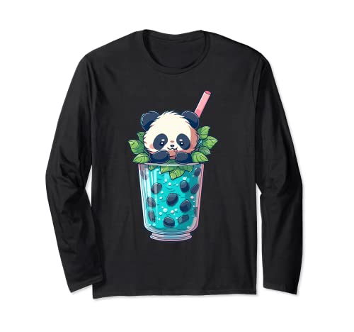 Kawaii Cute Anime Panda Drinking Bubble Boba Tea Girls Teens Maglia a Manica