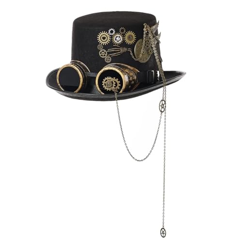BPURB Chapeau haut-de-forme steampunk avec lunettes pour homme et femme (58 cm, noir)