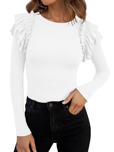 Image of Tankaneo Womens Ruffle Long Sleeve Shirts Fitted Ribbed Knit Tops Fall Casual Crew Neck Tees