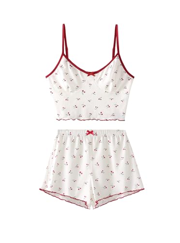 Image of Hilinker Womens Graphic Print Ribbed PJ Set Crop Cami Tops and Shorts Cute Pajamas Set