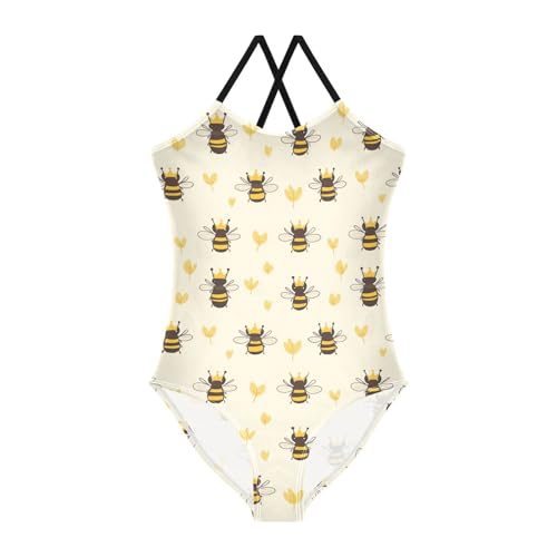 Image of Bumblebee Insect Girls One Piece Swimsuits Cute Bee Sport Halter Swimwear Beach Bathing Suit 7-8T