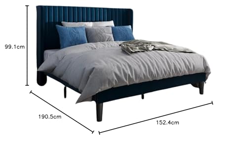 Image of Metal Upholstered Bed Queen Size Without Storage | Wooden Queen Size Cot with Headboard | Double Size Bed for Bedroom | Palang Furniture for Guest Room & Hotels, Blue, (Blue)
