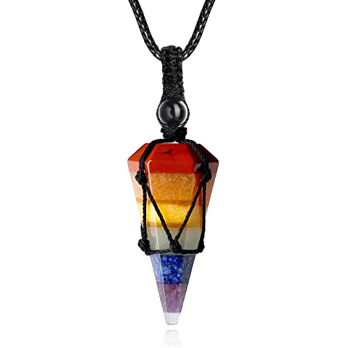 XIANNVXI 7 Chakra Healing Crystal Stone Pointed Necklace Adjustable Black Rope Natural Gemstone Pendant Necklaces Jewelry for Men Women