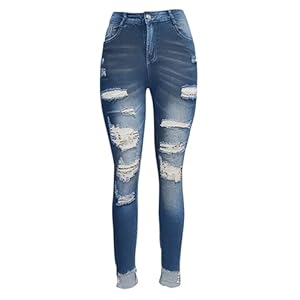 Women’s High Waisted Casual Jeans Ripped Vintage Washed Denim with Cuffed Hem