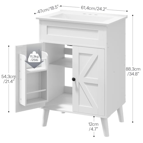 HOOBRO 24.2\" Modern Bathroom Vanity with Sink, Farmhouse Bathroom Sink Cabinet with Ceramic Basin, Door Storage, 2 Doors & High-Leg Design, Easy Assembly, Drain Kit Not Included, White - Thumbnail 2