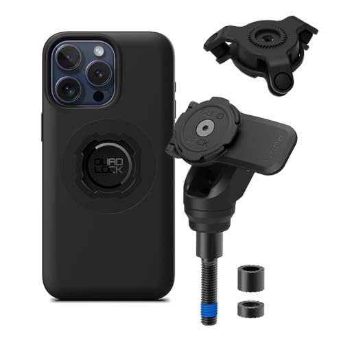 Image of Quad Lock Handlebar Clamp PRO Motorcycle Phone Mount with Vibration Dampener and MAG Phone Case for iPhone 15 Pro Max