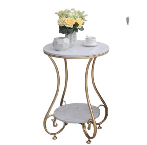 Round Side Table with Gold Metal Frame, White Marble Top, 2-Tier Storage Shelf, Curved Legs