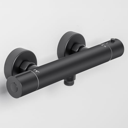 Thermostatic Shower Bar Mixer Valve: Wall Mounted Thermostatic Showers Tap for Bathroom - Black Thermostat Single Outlet Shower Mixer Taps - Control Handles Cold and Hot Showers Faucet Replacement