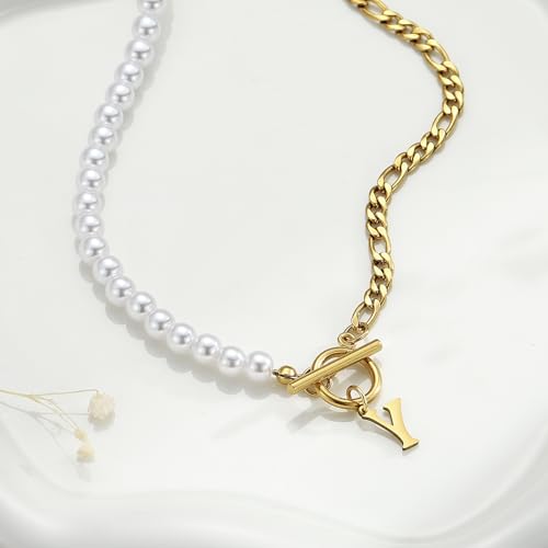 Pearl Initial Necklaces for Women 18K Gold Stainless Steel Letter A-Z Pendant Figaro Chain 16+3 Inch Jewelry Gift for Her2