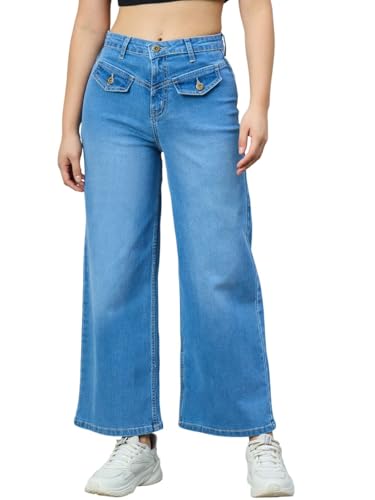 Jean large stretch taille haute bleu moyen pour femme
