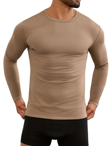 URRU Thermal Shirts for Men Long Sleeve Fleece Lined Stretchy Thermal Underwear Tops Mid-Weight Base Layer Cold Weather XXL Camel
