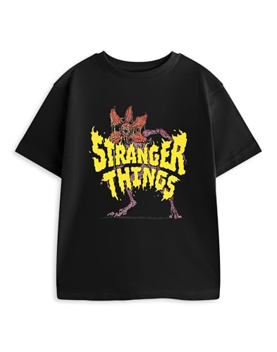 Stranger Things Camiseta Negra de Manga Corta con Estampado de Demogorgon Unisex para niños con Cuello Redondo clásico | Ideal para Uso Casual | Merchandising Oficial