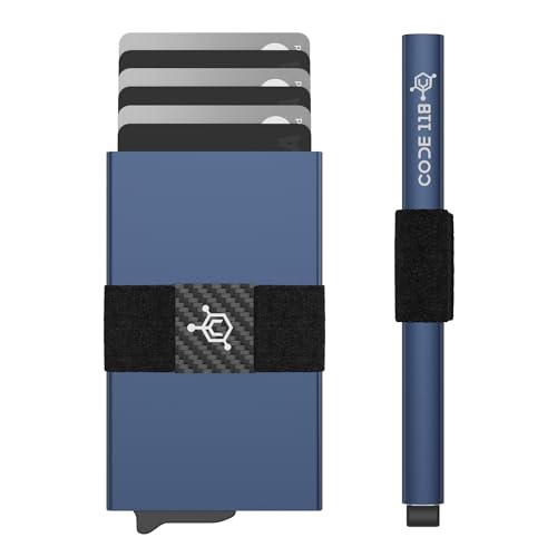 Image of CODE 118 Wallet - Premium Automatic Smart Wallet, RFID Blocking, Pop Up Mens Minimalist Metal Wallet, 6061-T6 Aerospace-Grade Aluminum, Genuine 3K Carbon Fiber (Classic, Pacific Blue)