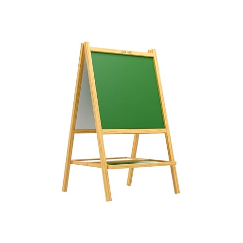 Image of Amazon Brand - Solimo 2 in 1 Double Sided Wooden Easel Stand, Whiteboard and Chalkboard, A-Type Foldable, 80 cm x 40 cm, with Tray, for Kids (Kids (Ages 0 to 12 Years), Pack of 1 Item)