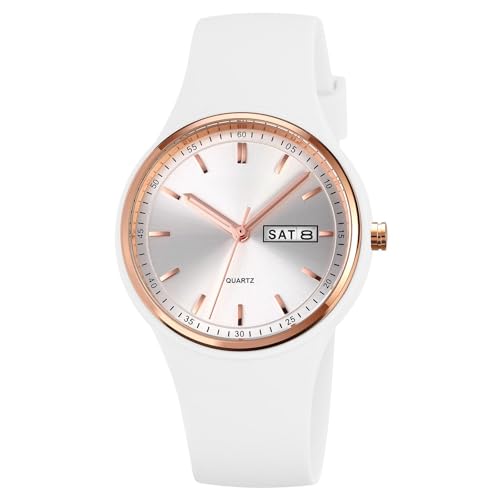 Montre pour femme lisible et confortable avec bracelet silicone blanc et bleu à quartz