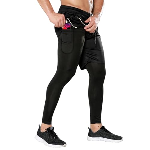 Kreeqe Men's 2 in 1 Running Gym Workout Compression Pants for Men Training Athletic Black