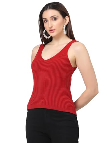 Image of Kalt Women Knitted, Ribbed Cotton Fitted Sleeveless V-Neck Cami Tank Top for Women Stylish