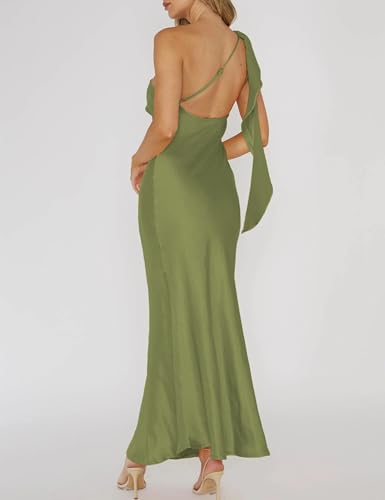 Image of 2026 Satin One Shoulder Maxi Dress for Women Summer Silk Formal Elegant Backless Ruffle Sleeveless Wedding Guest Dresses