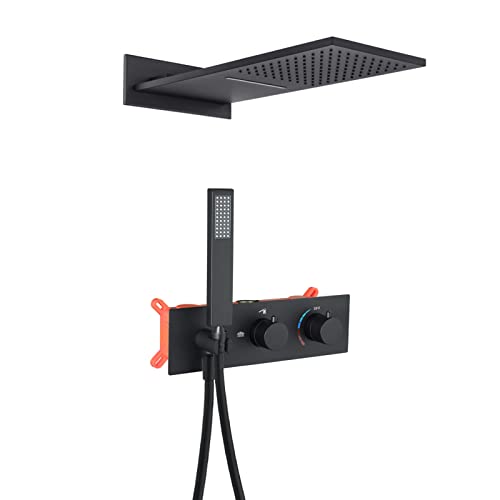 SWHC Duschsystem Unterputz Set, Schwarz Regendusche Wandhalterung Brausegarnitur Duschset mit Duschkopf, Handbrause, 150cm Brauseschlauch, Embedded-Box Cover