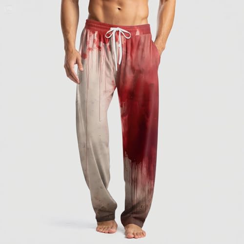 Halloween Pajamas,Men's Halloween Pants Casual Drawstring Blood Splash Pattern Joggers Horror Bloody Printed Sweatpant2