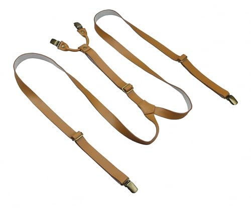 Entwineno Mens Leather Suspenders - Clip On Pattern Adjustable Braces - Wedding Groomsmen Gifts - (Light Brown M Adult (57~59))
