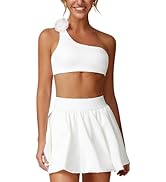 ABOCIW Womens 2 Piece Bubble Tennis Skirt One Shoulder Sports Bra Athletic Set Summer Pickleball ...