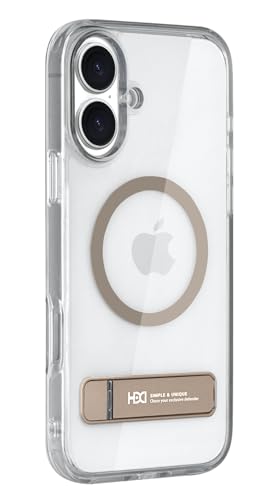 Image of BOUNCEBACK Polycarbonate Shockproof Transparent Hybrid Back Case /Cover with Kick Stand Support Magnetic Charging for iPhone 16 Plus - (Clear Gold)
