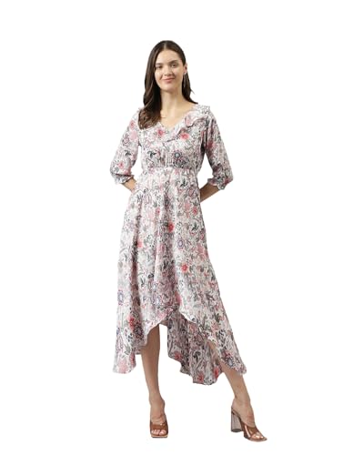 Image of KERI PERRY Women's White Rayon Floral Printed High Low Western Dress | Dress for Women | A line Dress | Summer Dress|Western Dress | Women Dress | Trendy Dress for Dress | Midi Dress