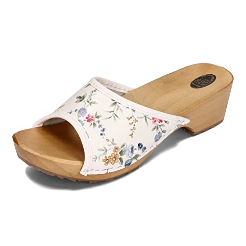 BeComfy Zuecos para Mujeres Estorbos Tacones Cuero Madera Dedos Abiertos 35-41 (35 EU, Flores Rosadas)