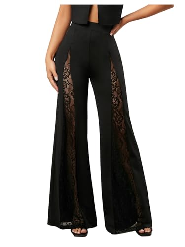 Verdusa Women's Lace Pants Flared Elegant Floral High Waisted Bell Bottoms Trousers