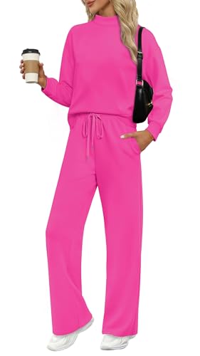 Image of WIHOLL Two Piece Sets for Women Fall Outfits Lounge Sets Mock Neck Tops Wide Leg Pants Vacation Travel Airport Outfits