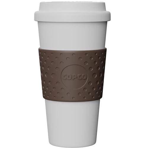 Copco Acadia 16 oz Reusable To-Go Travel Mug - BPA-Free Insulated Coffee Cup with Double-Wall Insulation, Spill-Proof Lid & Non-Slip Rubber Grip - Microwave & Dishwasher Safe (White/Brown)