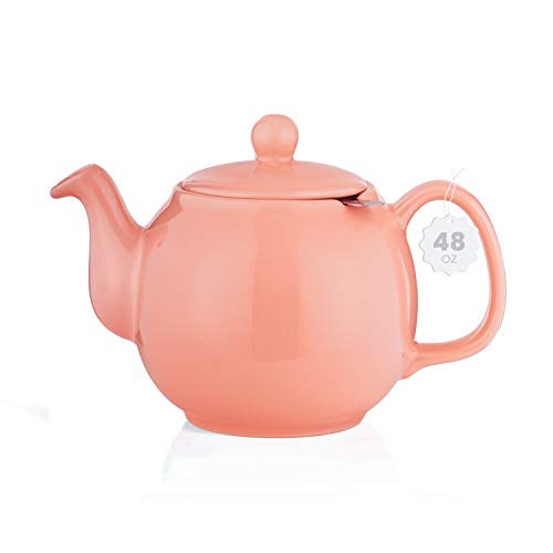Image of SAKI Large Porcelain Teapot, 48 Ounce Tea Pot with Infuser, Loose Leaf and Blooming Tea Pot - Pink