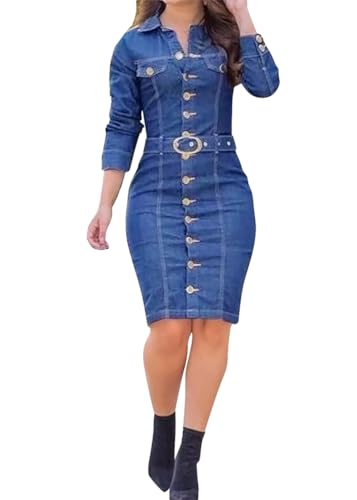 ORANDESIGNE Damen Denim Shirt Kleider Langarm Jeanskleid mit Gürtel Button Down Lässig Lange Tunika Oberteile V-Ausschnitt Minikleid Slim Fit Denim...