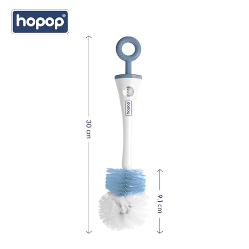 Image of Hopop Baby Feeding Bottle Cleaning Brush & Nipple Cleaner | 2 in 1 Flexible Bristle Bottle Brush| Grooved Handle with Easy Hanging Storage | Easy to Clean Narrow & Wide Neck Feeding Bottles |Blue