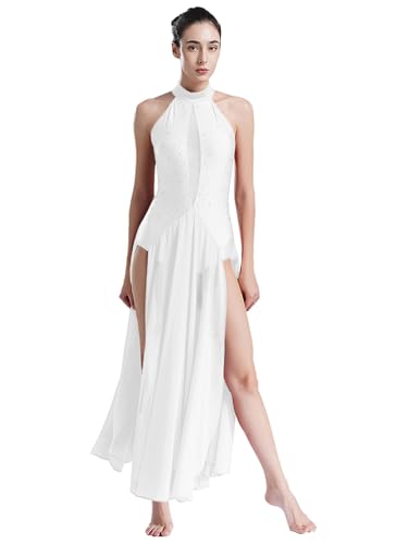 Sxiwei Damen Lyrisch Tanz Kleid Ärmellos Tüll Maxikleid Lyrische Modern Contemporary Tanzkostüm Neckholder Contemporary Bühnenanzug Kostüm Weiß...
