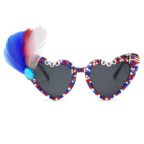 GIGIMOTTE 4th of July Patriotic Sunglasses for Women Men USA Flag Rhinestone Heart Shades for Independence Day Memorial Day