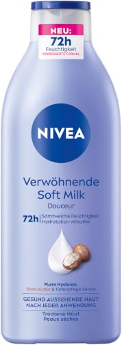 NIVEA Verwöhnende Soft Milk, Body Milk für trockene Haut mit Tiefenpflege Serum, Feuchtigkeitspflege mit Shea Butter und 100% purem Hyaluron (400 ml)