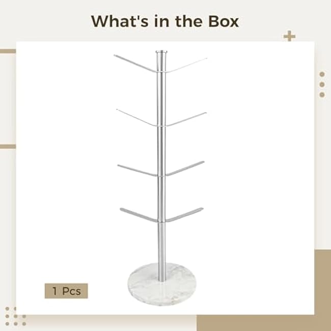 Coffee Mug Tree with Marble Base, Stainless Steel Mug Tree with 8 Hooks, Holds 8 Large Mugs, Space-Saving Coffee Cup Stand, 17.7Inch