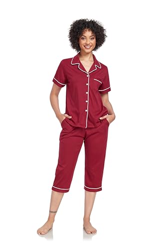 Image of COLORFULLEAF 100% Cotton Capri Pajama for Women Set Summer Short Sleeve Pj Sets for Women Cotton Sleepwear