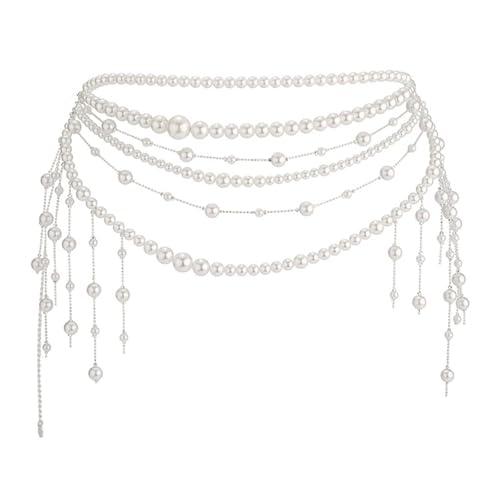 Multilayer Pearl Waist Chain Belt for Women Fashion Adjustable Big Pearls Belt Chain Pearls Tassel Belly Body Chain Prom Rave Body Accessories Jewelry for Dresses Jeans