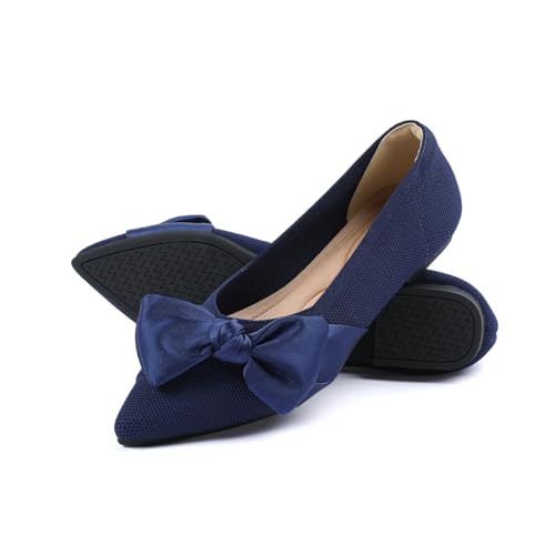 Semwiss Pointed Toe Ballet Flats for Women Slip On Comfortable Flats with Bow Dressy Casual Work Shoes Navy 8