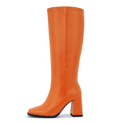 Image of Knee High Boots for Women - Wide Calf Boots with Zipper, Square Toe Tall Leather Boots, Chunky Heel Fashion Long Boots