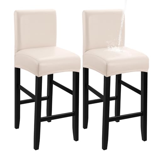Image of YISUN Waterproof Bar Stool Covers, Pu Leather Counter Chair Cover Removable Washable Barstool Slipcovers, Stretch Pub Tall Chair Covers with Backs (2 Pack, Pale Beige)