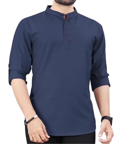 Image of DEEMOON Men's Regular Fit Solid Sprad Collar Casual Shirt with a Trendy Mandarin Collar Crafted from a Premium Cotton Blend